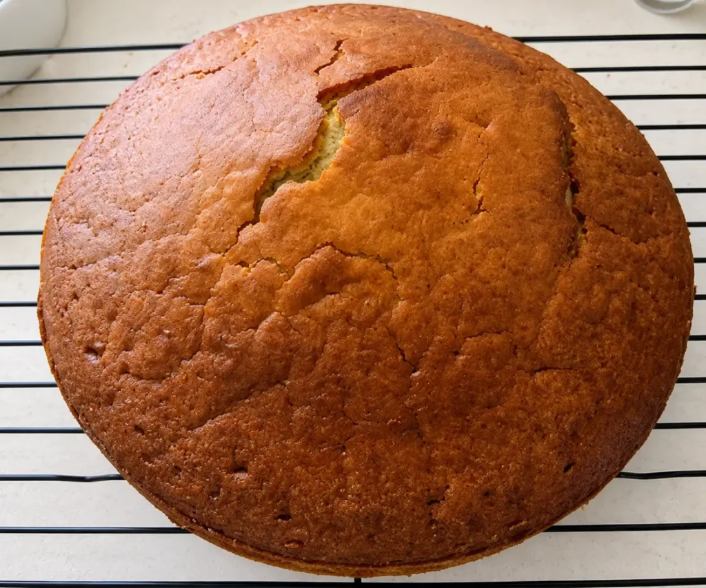 Freshly baked yoghurt cake cooling on a wire rack.