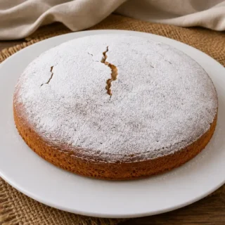 Whole cake dusted with icing sugar on a plate.