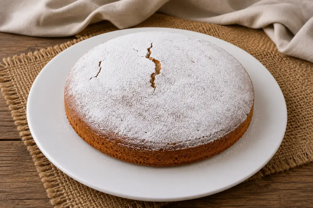 Whole cake dusted with icing sugar on a plate.