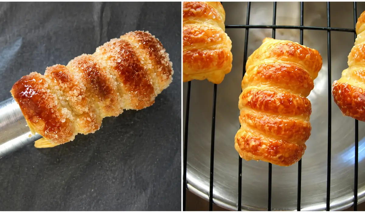 Freshly baked puff pastry cannoncini cooling on a wire rack after baking.