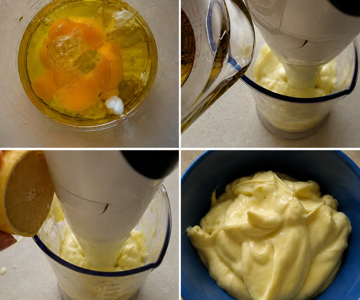 Homemade aioli being blended with olive oil and lemon juice in a hand stick mixer container.