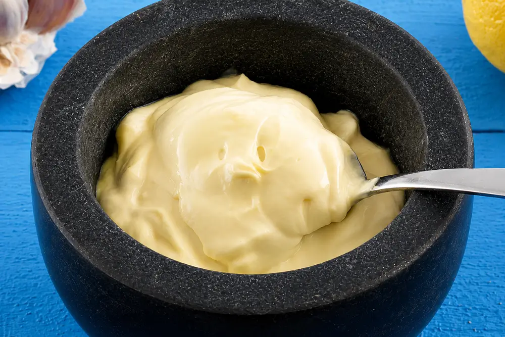 Smooth and creamy aioli served in a black bowl with garlic, olive oil and lemon nearby.