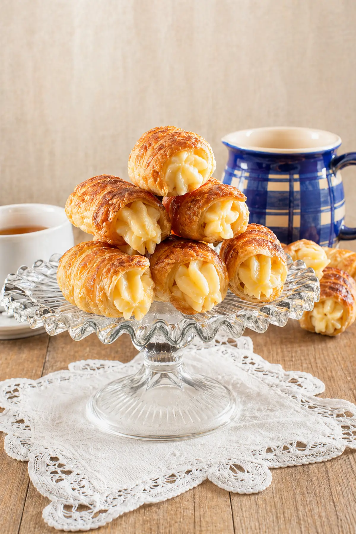 Golden puff pastry pastries filled with crème pâtissière served on a glass cake stand.