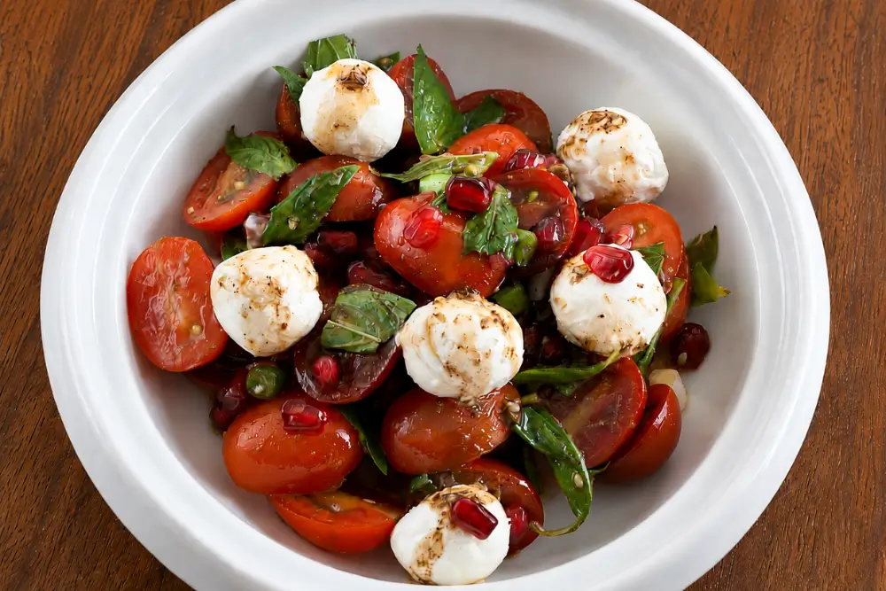 Fresh tomato and labneh salad served with pomegranate dressing, cherry tomatoes and toasted flatbread.