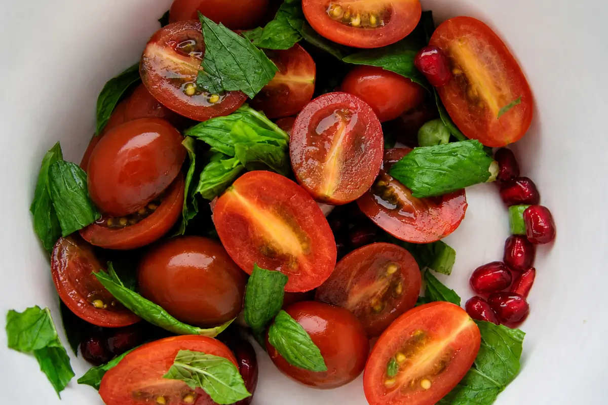 Mixed tomatoes, fresh mint, spring onions and pomegranate arils combined in a bowl before dressing the salad.