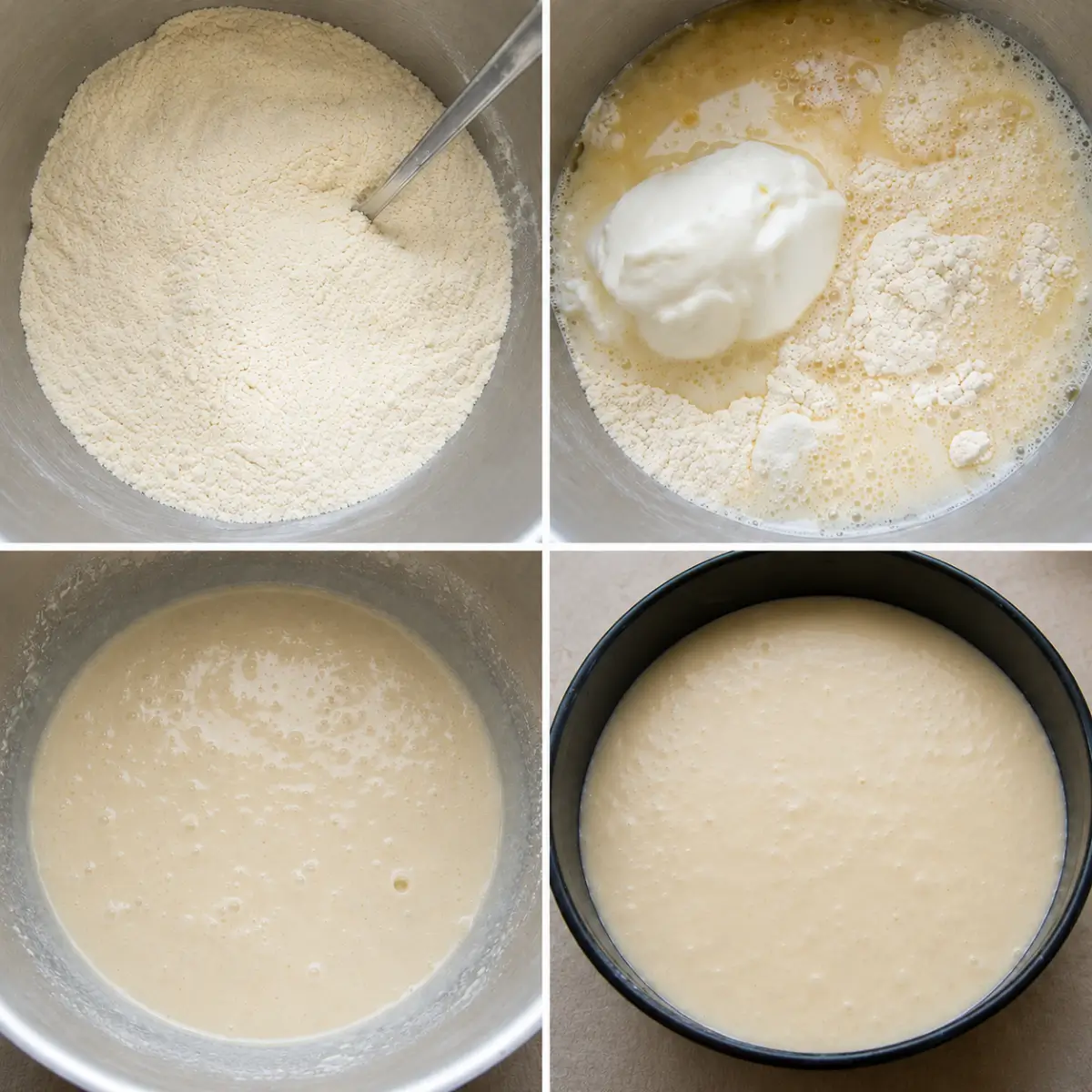 Flour mixture, yoghurt, and wet ingredients combined into a smooth batter before being poured into a springform pan.