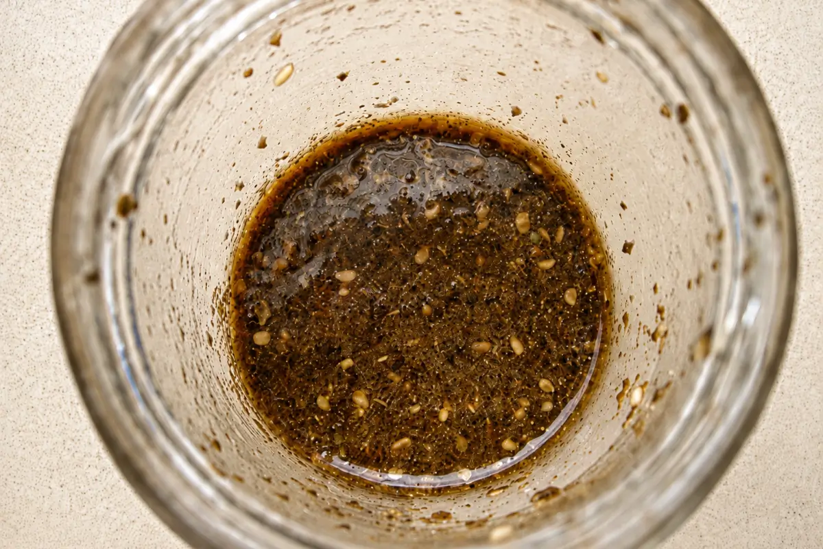 Lemon pomegranate dressing with za'atar shaken together in a glass jar.