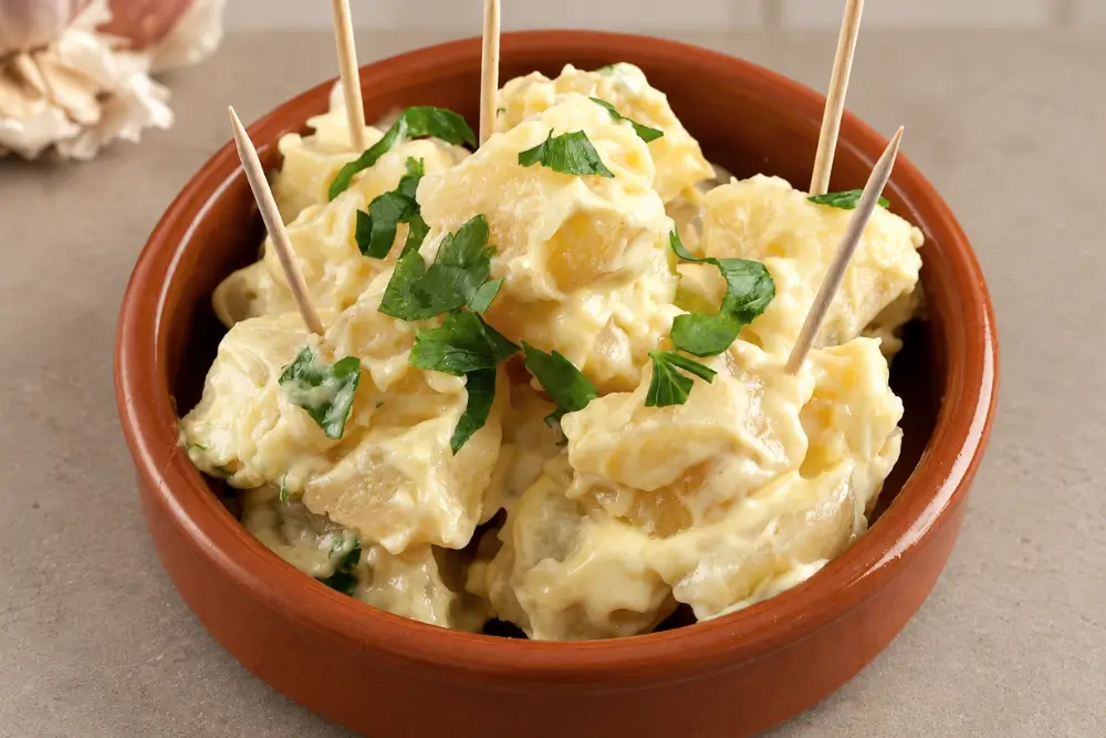 Close-up of potatoes evenly coated with creamy aioli and parsley.
