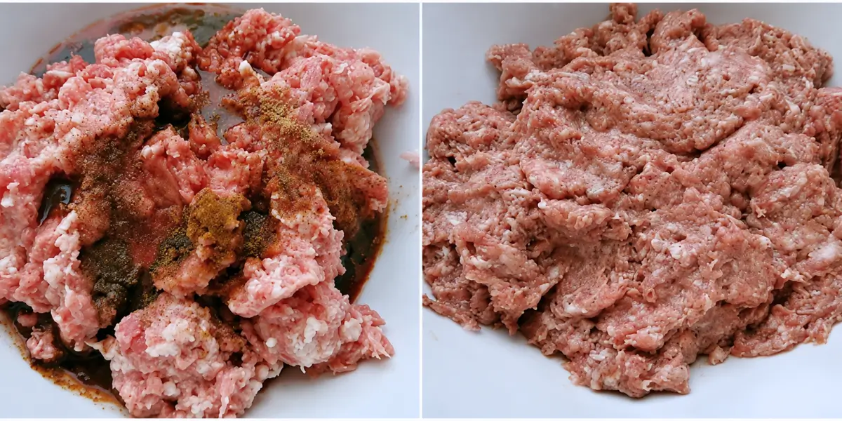 Ground pork mixed with red wine, salt, pepper, and spices before kneading for Homemade Verzini sausages.