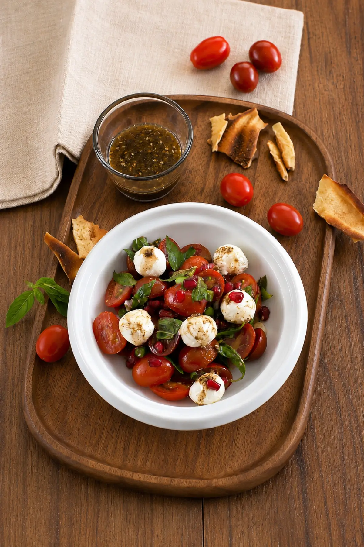 Tomato salad with creamy labneh served with pomegranate dressing on the side.