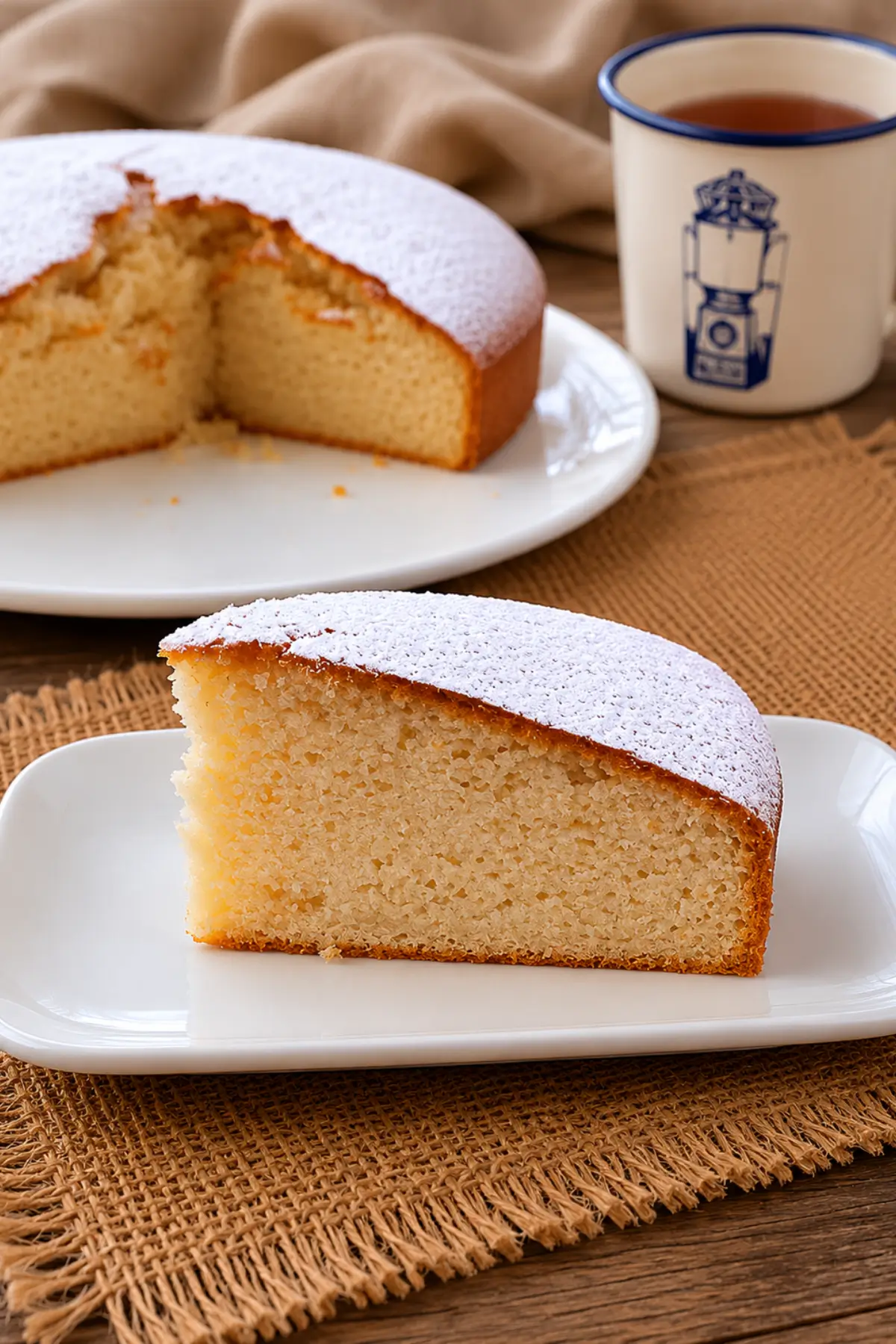 Thick slice of moist yoghurt cake on a white plate with a mug of tea in the background.