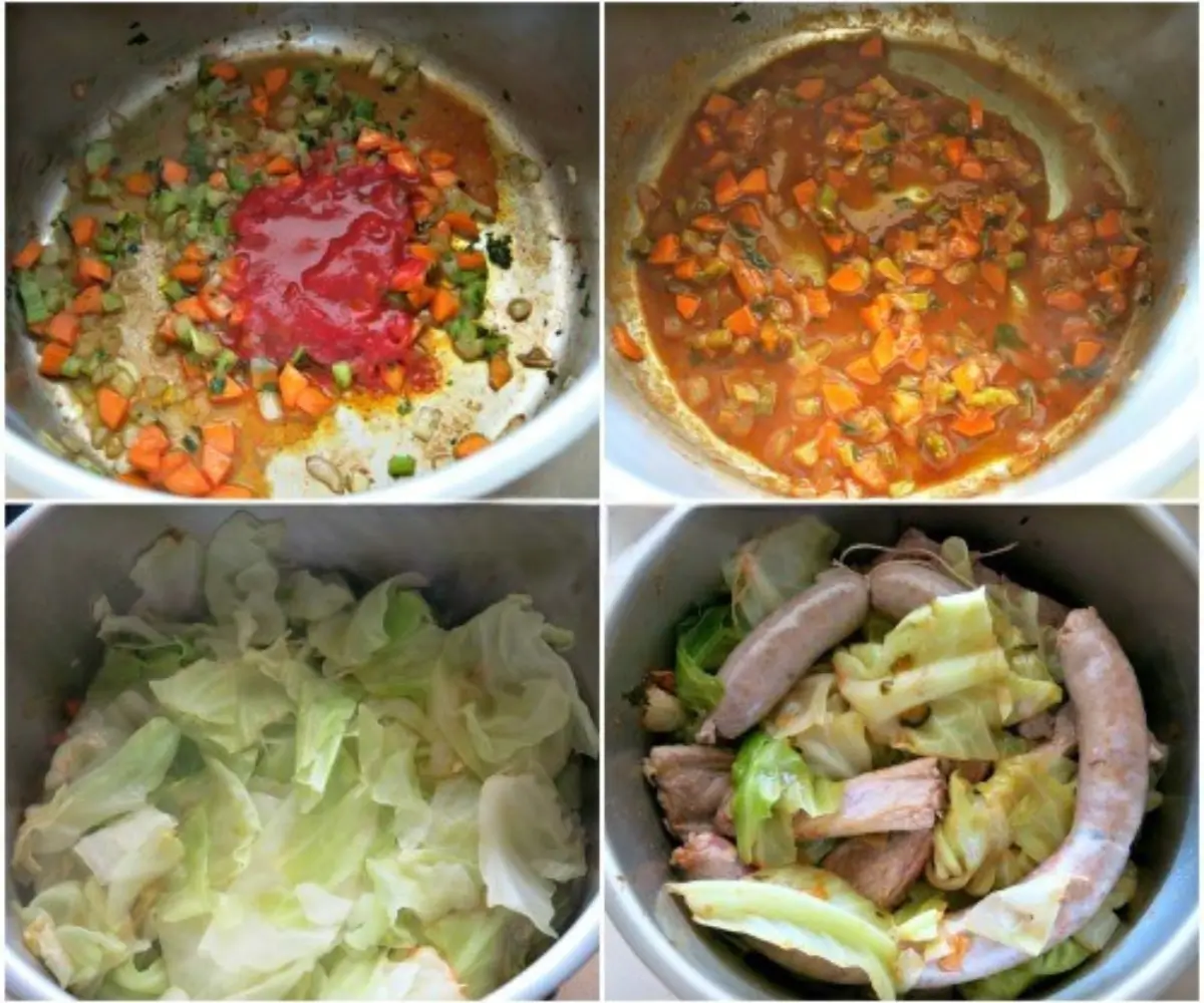 Onion, celery, carrot, and tomato purée cooking in the pot.