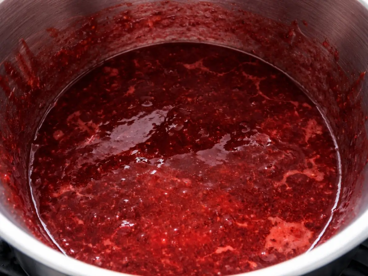 Thick red fruit mixture bubbling gently while cooking in a saucepan.