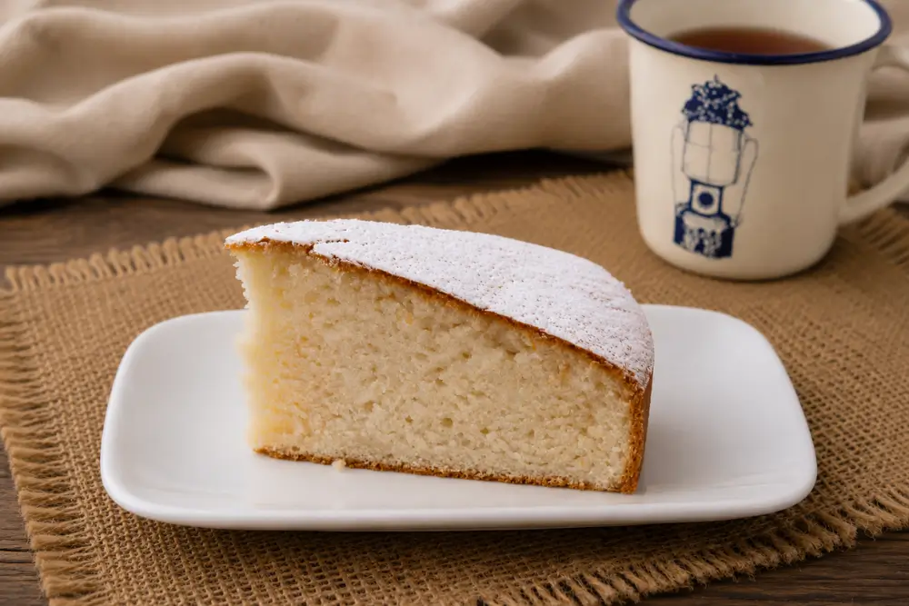 Slice of yogurt cake with a soft crumb and icing sugar topping served with tea.