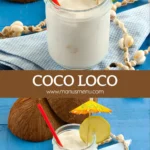 Glass of Coco Loco cocktail with lime and paper umbrella on blue table.