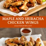Sticky glazed chicken wings arranged on baking paper over a wooden serving board.