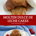 A warm molten dulce de leche cake on a white plate with whipped cream and raspberries on the side.