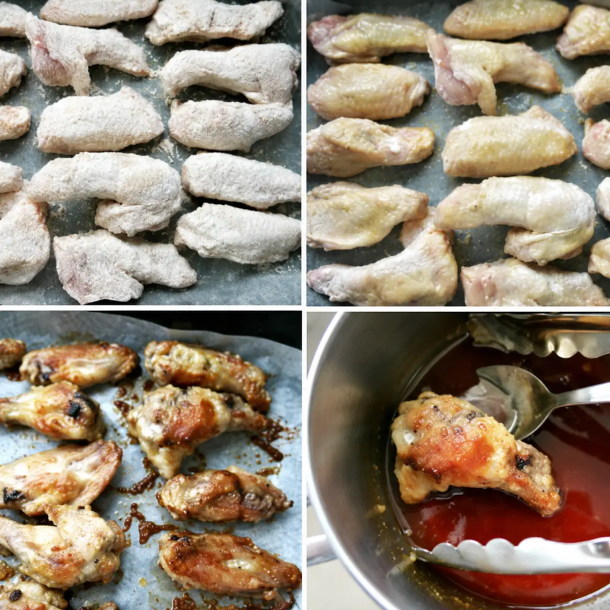 Chicken wings coated with flour, baked until golden, then coated in maple and sriracha glaze.