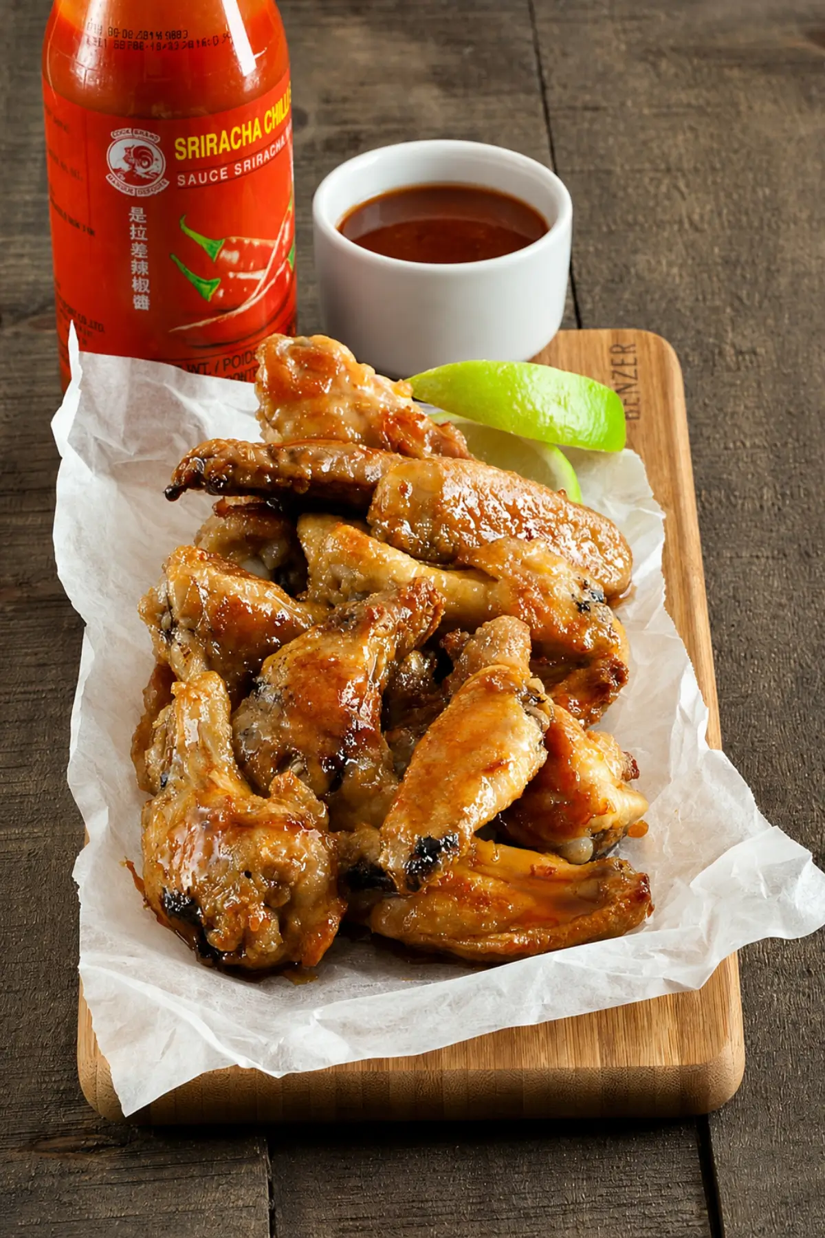 Baked chicken wings coated in a glossy glaze, served with lime wedges and dipping sauce.