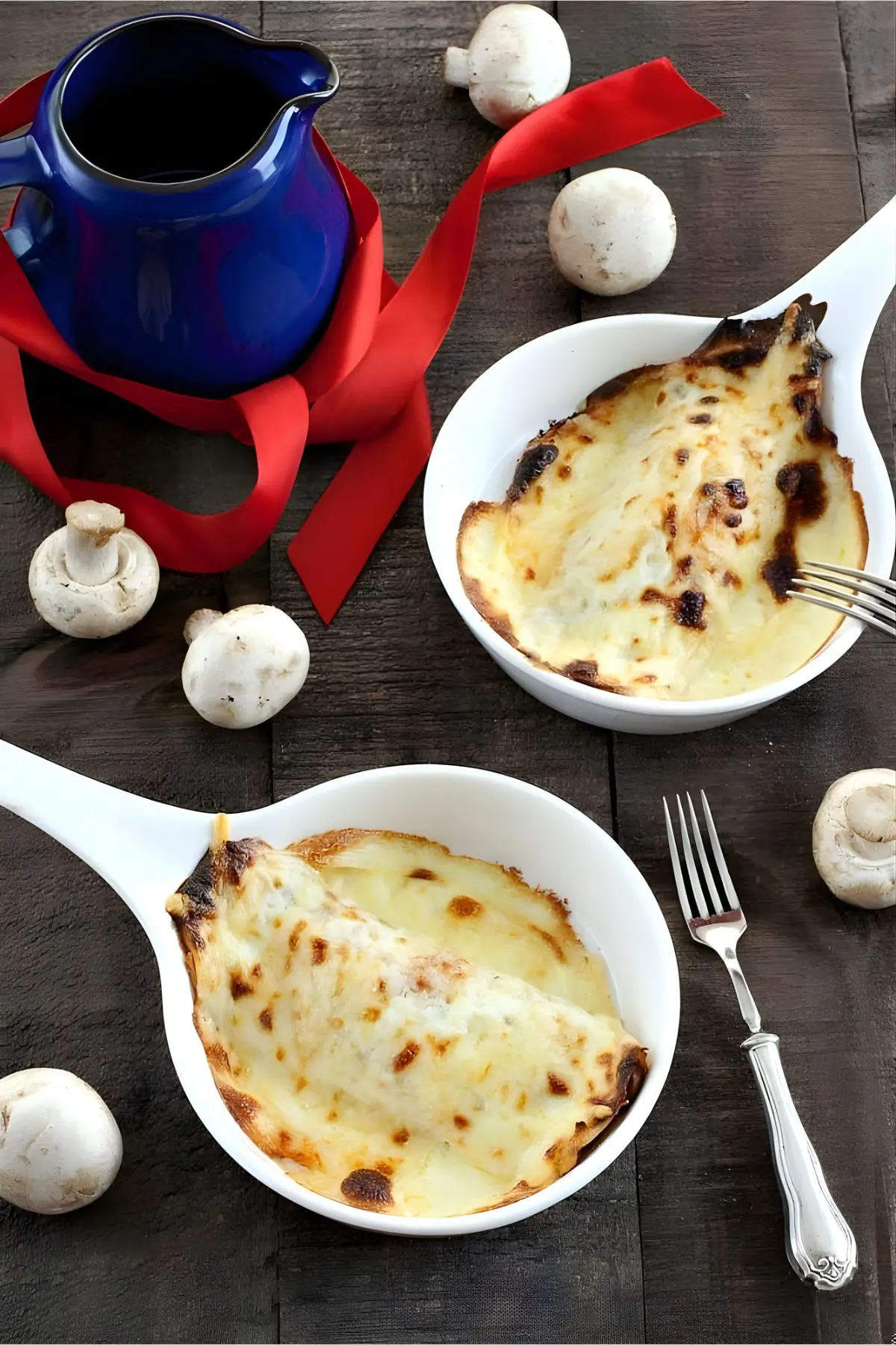 Baked Ficelle Picarde in white dishes with golden tops.