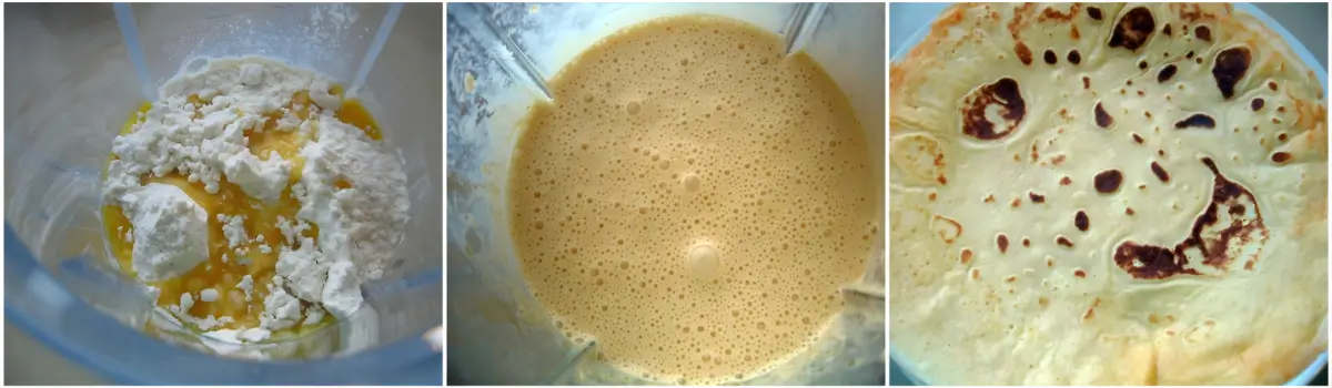 Flour, eggs, and milk added to a blender, then blended into a smooth batter before cooking the crêpes.