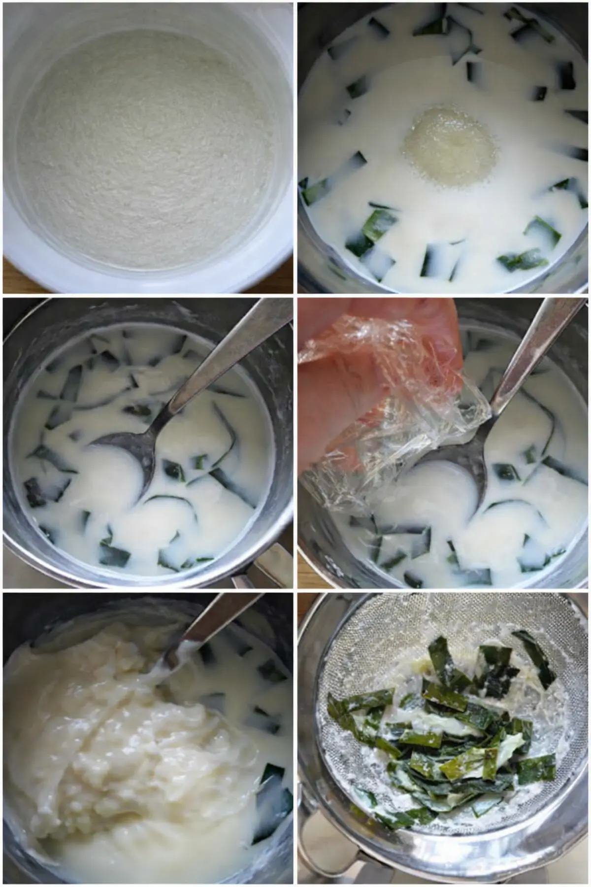 Kaffir lime panna cotta preparation steps showing gelatine, infused milk, and straining mixture.