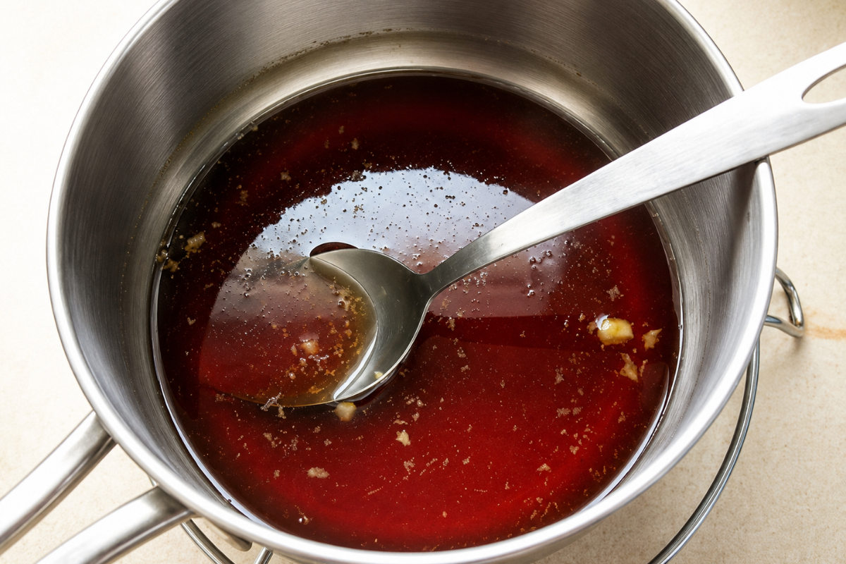 Maple and sriracha sauce mixed in a saucepan before simmering.