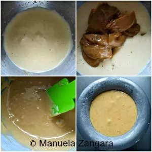 Collage showing different stages of making molten dulce de leche cakes.