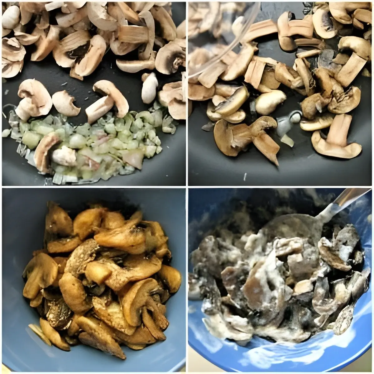 Shallots sautéed, mushrooms added, and mixed with sauce.