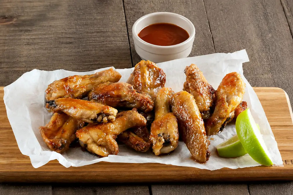 Golden baked chicken wings served with lime wedges and a bowl of extra glaze.