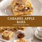Caramel apple bars with almond crumble, one topped with salted caramel gelato.