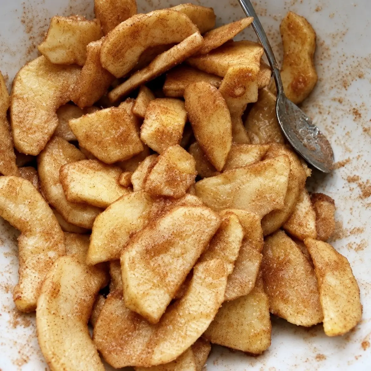 Sliced apples coated in sugar and cinnamon in a bowl.