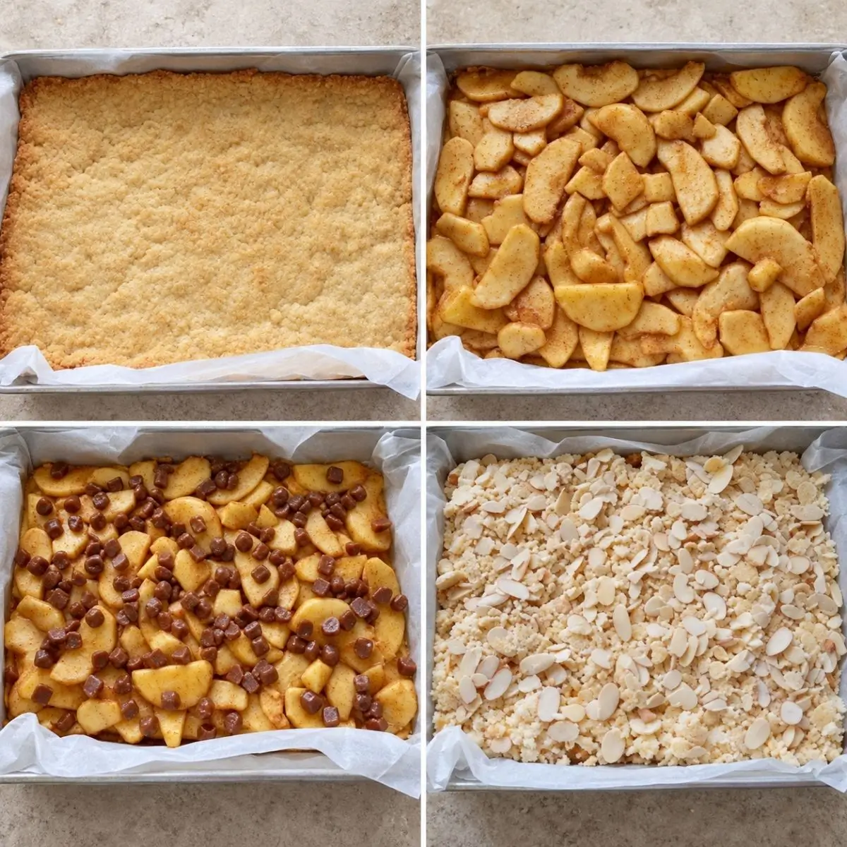 Pastry base topped with sliced apples, caramel bits and almond crumble.