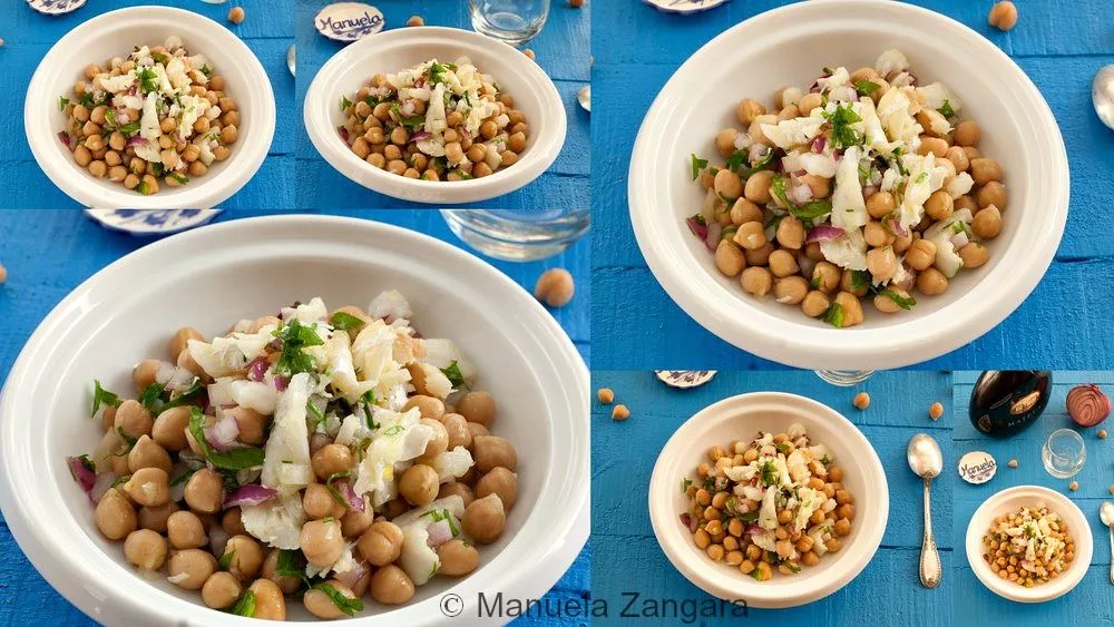 Collage of Salada de Bacalhau e Grão showing different serving angles and presentation ideas.