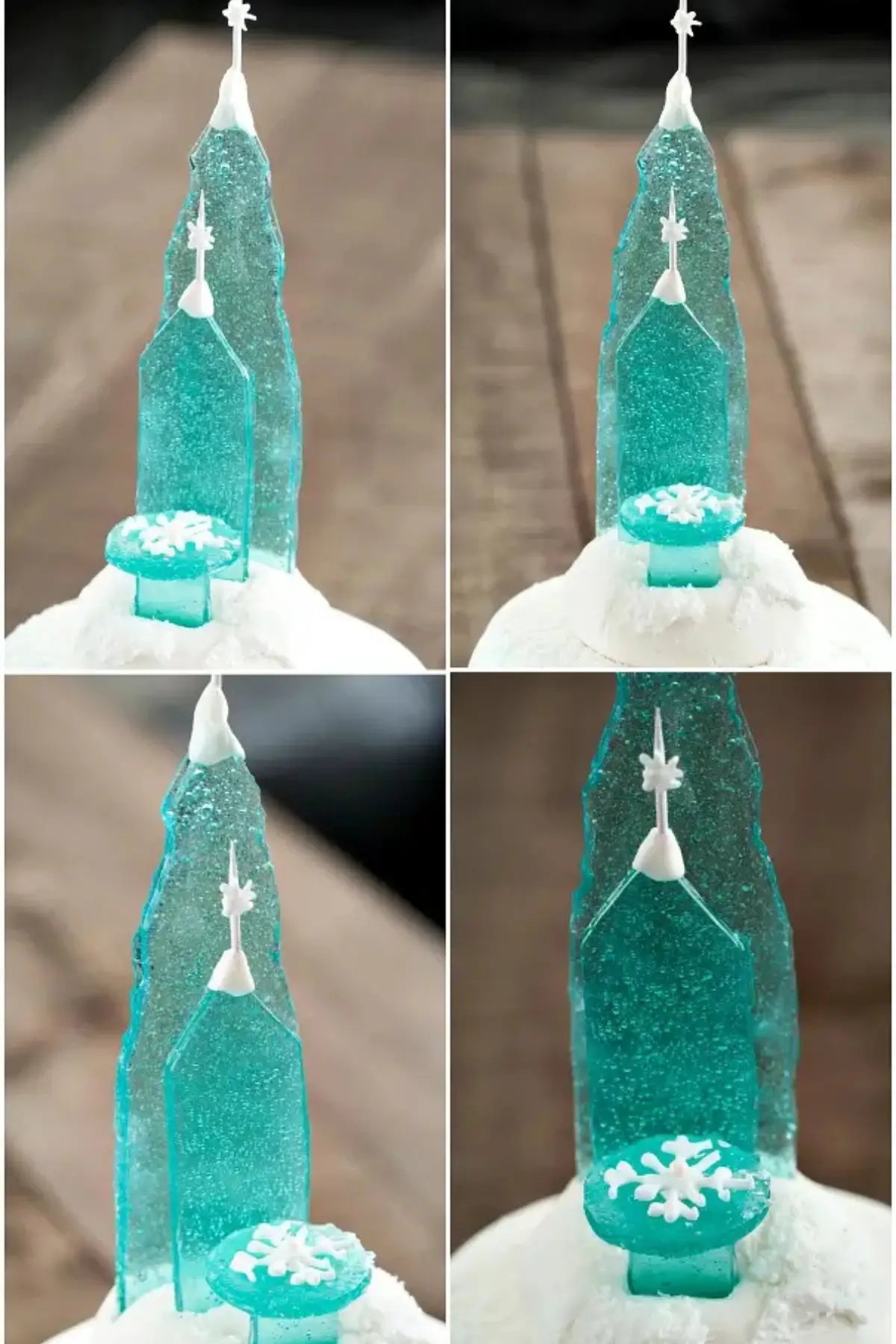 Close-up shots of the assembled blue sugar castle with white snowflake details.