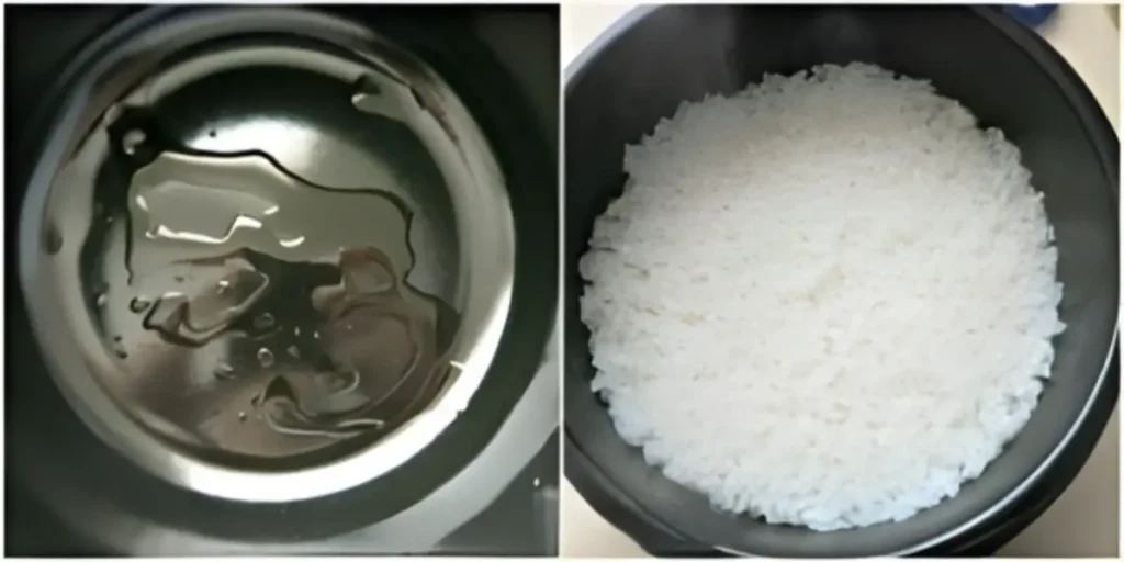 Korean short grain rice cooking in a saucepan.