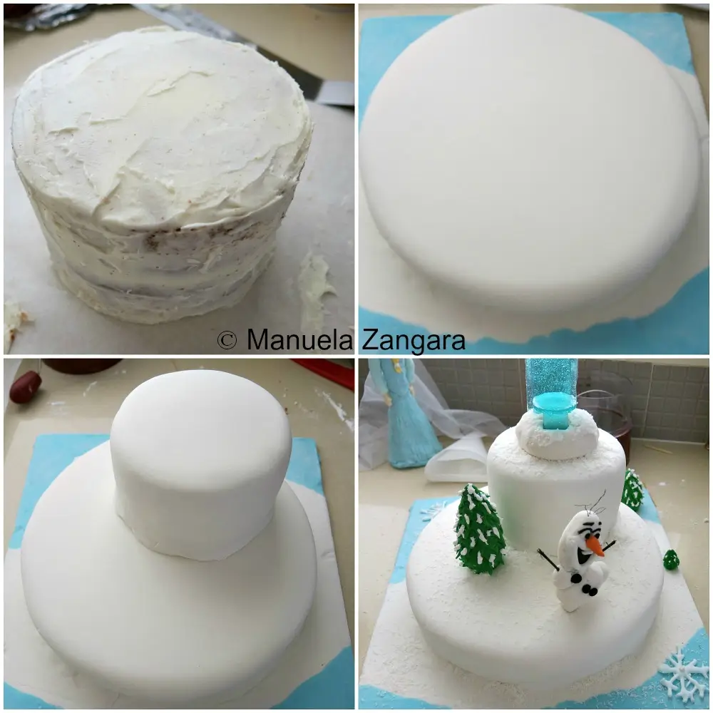 Cakes being crumb-coated and covered in white fondant before assembly.