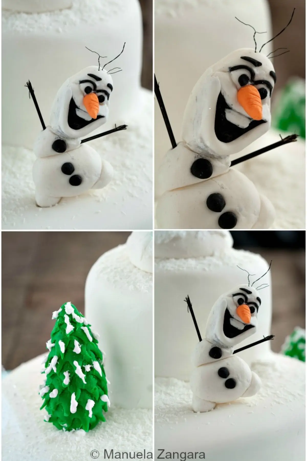 Close-up of Olaf made from fondant with twig arms and carrot nose.