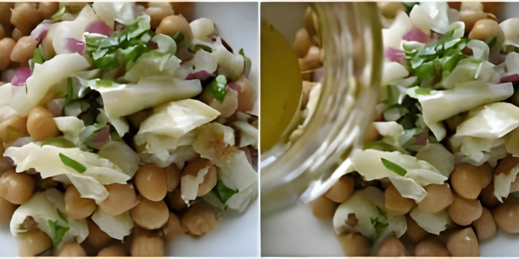 Collage showing vinaigrette being poured over Salada de Bacalhau e Grão with chickpeas, cod, and parsley.