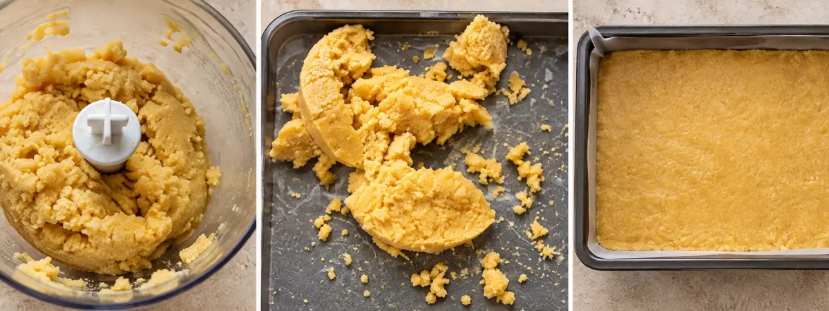 Pastry dough mixed, pressed into a baking tin and baked until golden.