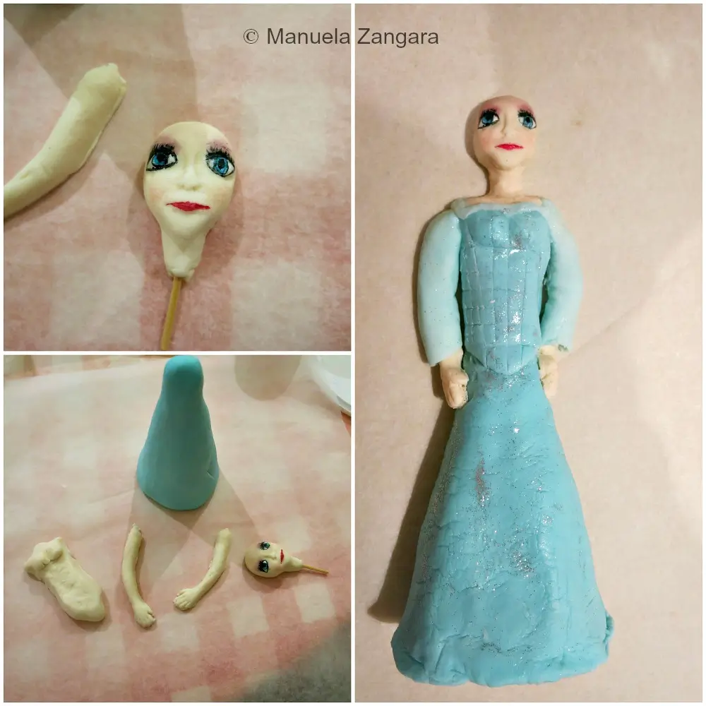 Fondant head, torso, arms, and gown being assembled to create Elsa.