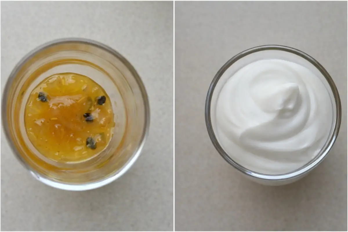 Small glasses with passion fruit jam at the base and yoghurt ready for layering.