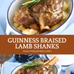 Close-up of Guinness braised lamb shank over creamy mashed potatoes, garnished with rosemary.