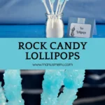 Blue rock candy lollipops displayed in a jar beside a Frozen-themed label.