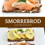 Smørrebrød platter with roast beef, potato, and salmon served on a white plate with cutlery and wine glass.