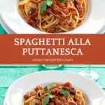 Spaghetti alla Puttanesca served in a white bowl with parsley, olives and capers.