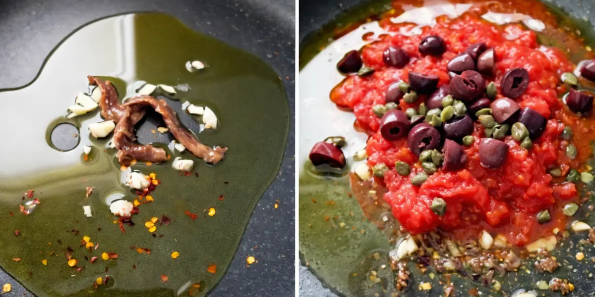 Anchovies, garlic and chilli cooking in olive oil beside tomatoes, olives and capers added to the pan.