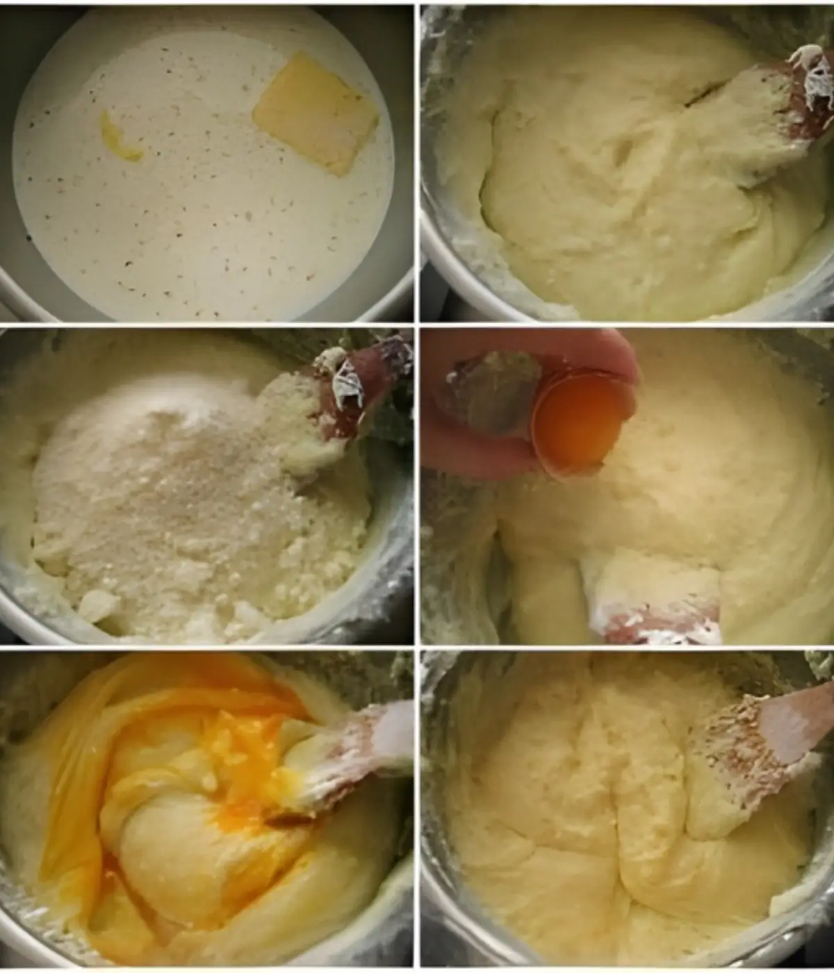 Semolina mixture cooking and thickening in milk before adding egg yolks.