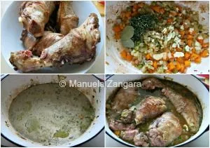 Step-by-step collage of searing, sautéing vegetables, adding herbs, and braising lamb shanks.