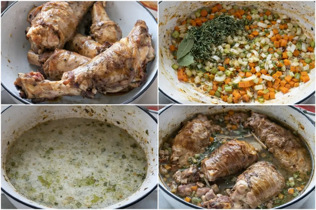 Step by step braising process with browned lamb shanks and vegetables in a pot.